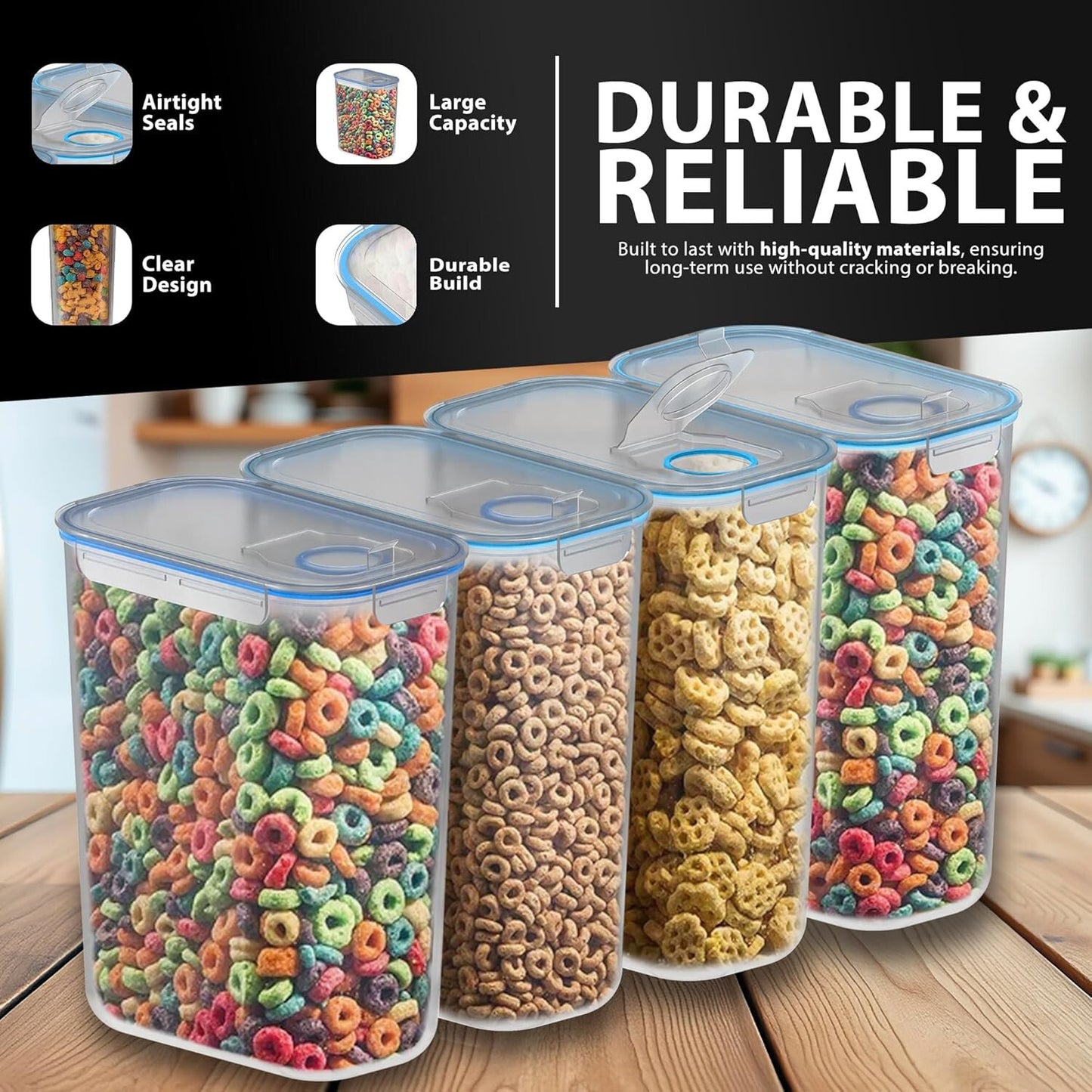 4 X CEREAL CONTAINERS AIRTIGHT SEAL FOOD STORAGE KITCHEN ACCESSORIES DISPENSER