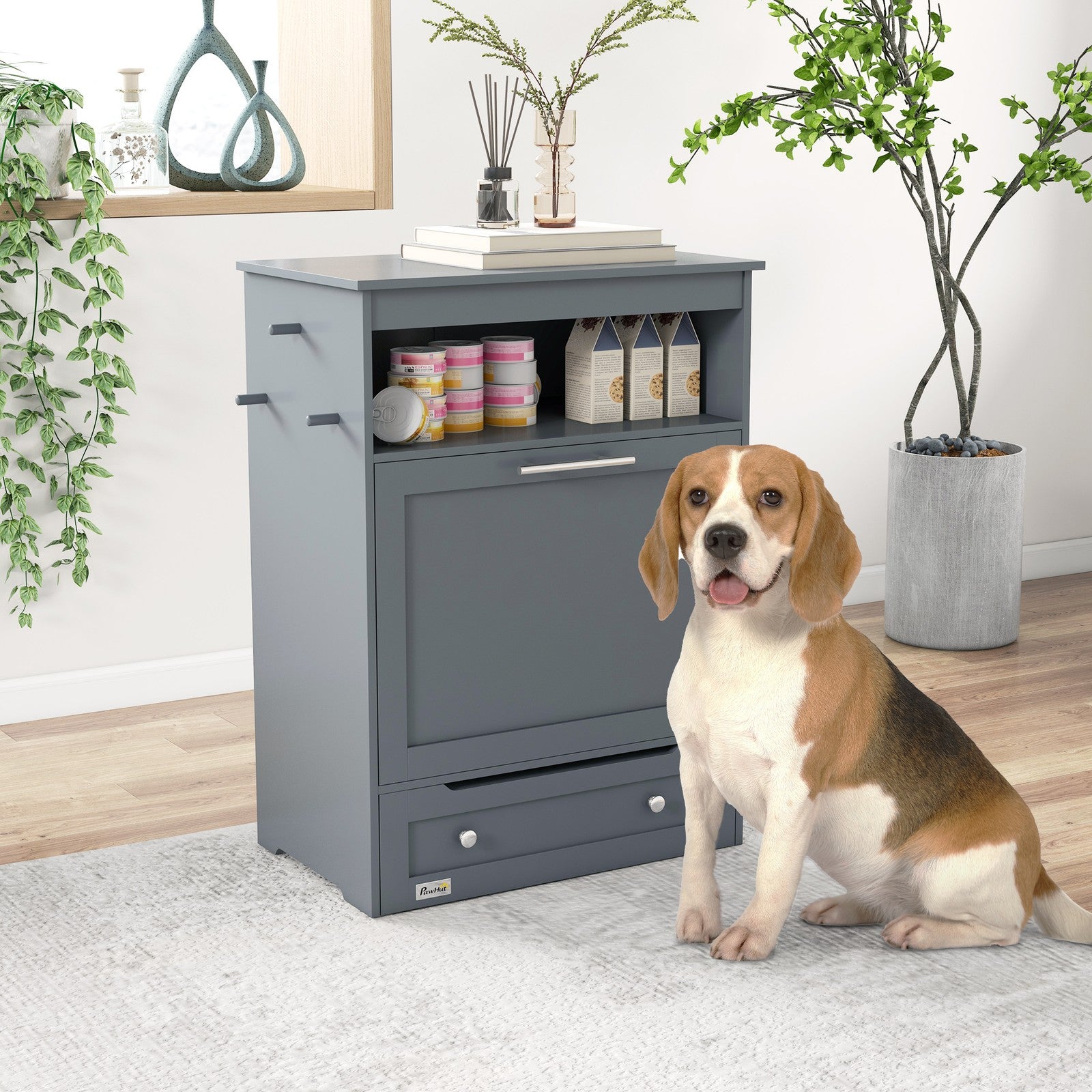 Pawhut Pet Feeder Station, Dog Cat Food Storage Feeding Station, Food Cabinet