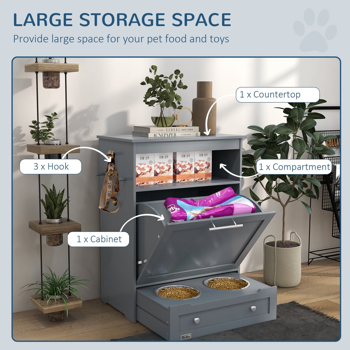Pawhut Pet Feeder Station, Dog Cat Food Storage Feeding Station, Food Cabinet