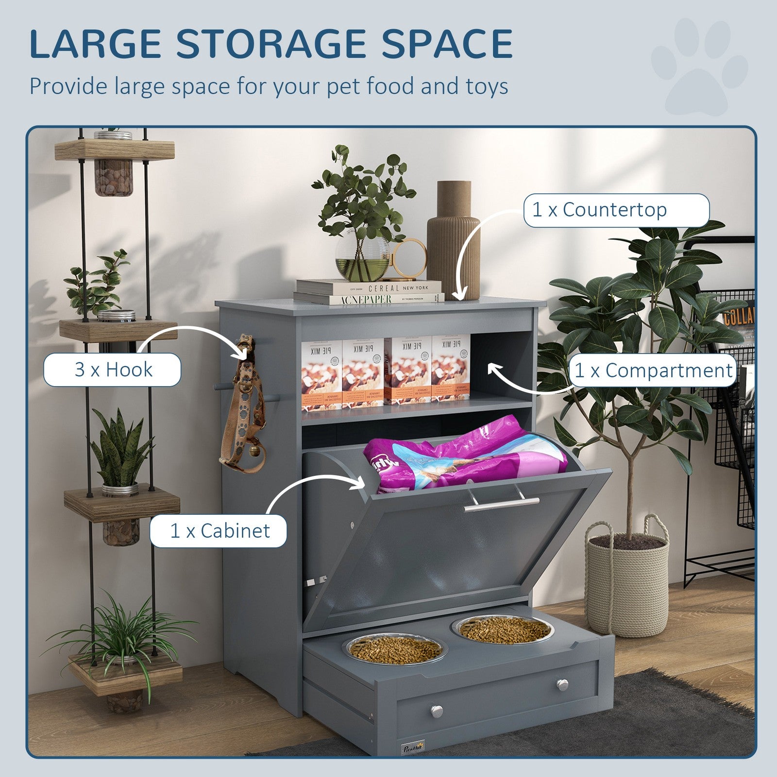 Pawhut Pet Feeder Station, Dog Cat Food Storage Feeding Station, Food Cabinet
