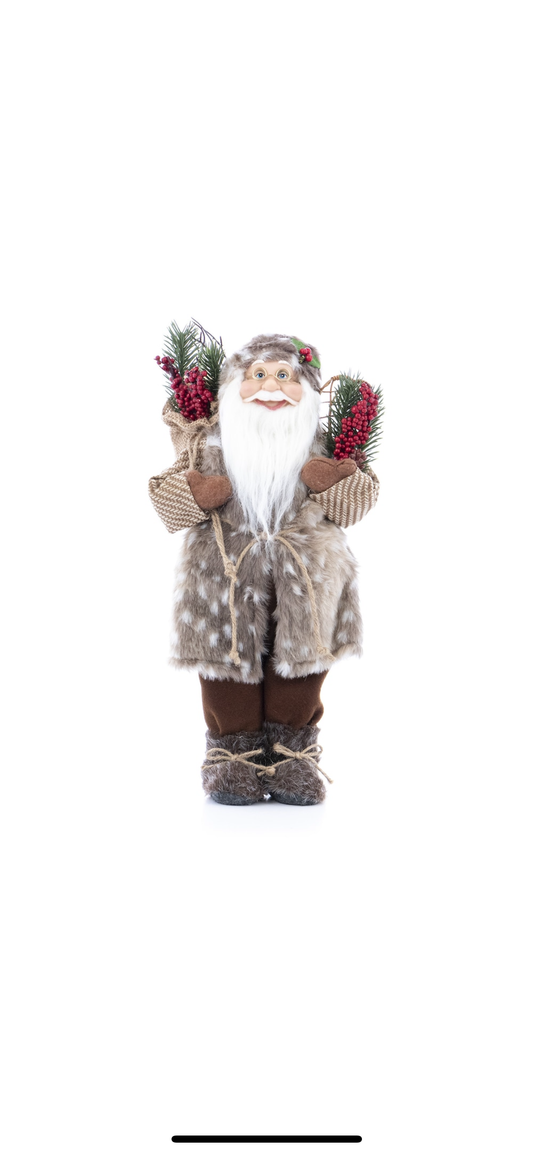 Figurina Mos Craciun Kring, 46 cm, cu vesta blanita si sac de cadouri