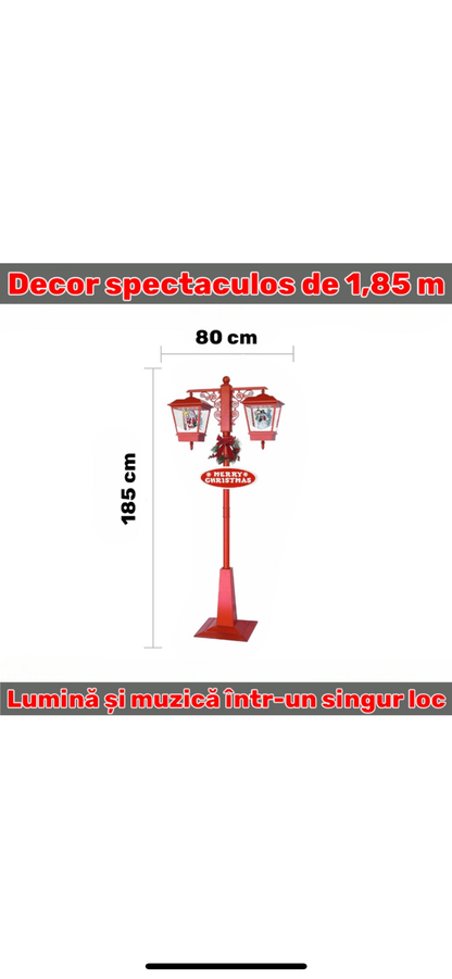Felinar muzical decorativ cu om de zapada si Mos Craciun, 1, 85 metri, rosu