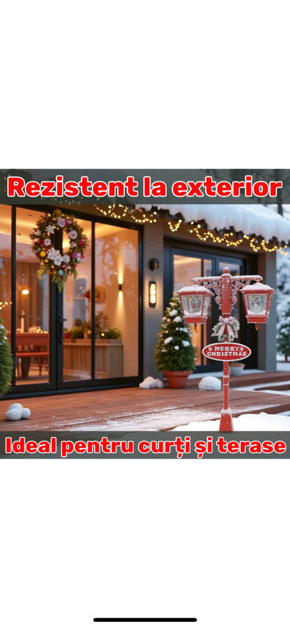 Felinar muzical decorativ cu om de zapada si Mos Craciun, 1, 85 metri, rosu