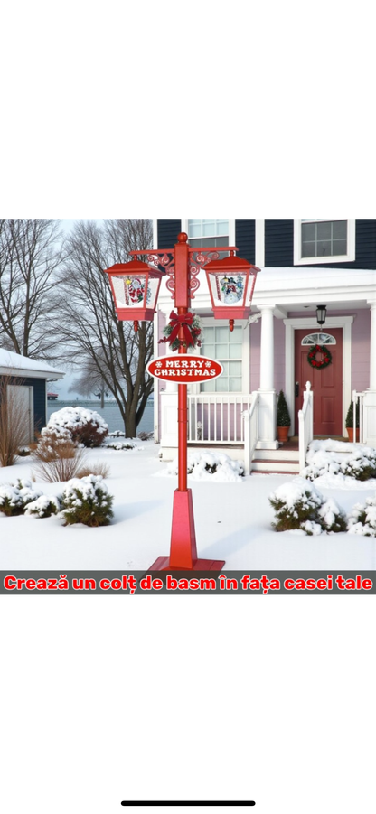 Felinar muzical decorativ cu om de zapada si Mos Craciun, 1, 85 metri, rosu